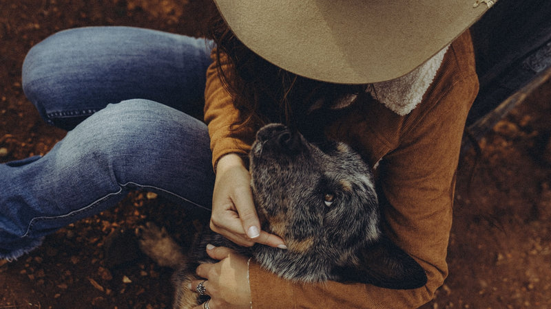 Person in a wide-brimmed hat kneeling on red earth, holding a blue heeler dog that rests against them and gazes up at their face