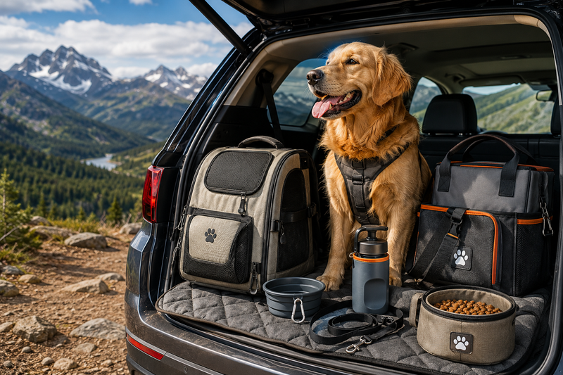 Golden retriever in a harness sitting in an open car boot with a travel carrier, collapsible bowl and water bottle, mountains in the background