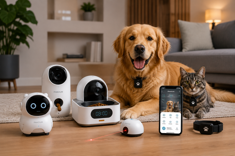 Golden retriever wearing a GPS tracker collar tag, lying beside a pet monitoring camera and a phone showing the Pawzium tracking app