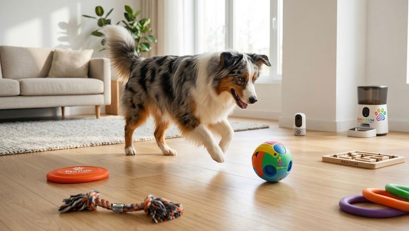 Australian shepherd dog running across a living room towards a colourful interactive ball toy, with a rope toy on the floor