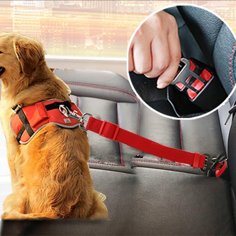 Adjustable dog car safety tether and seat belt attachment