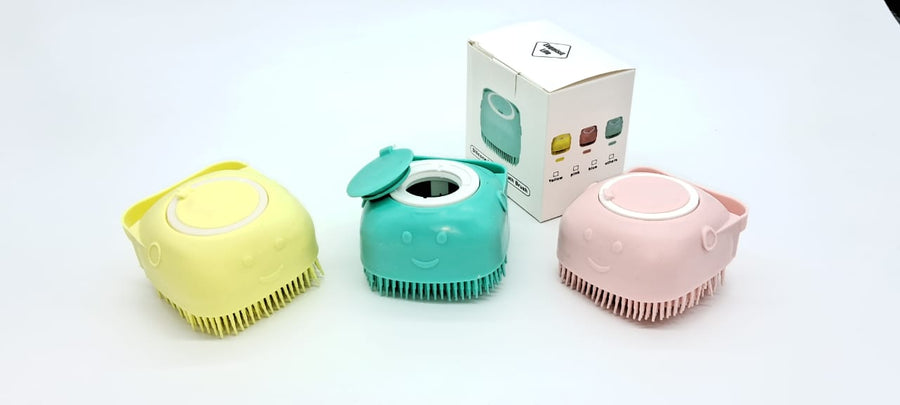 2-in-1 pet bath brush with shampoo dispenser and massage bristles
