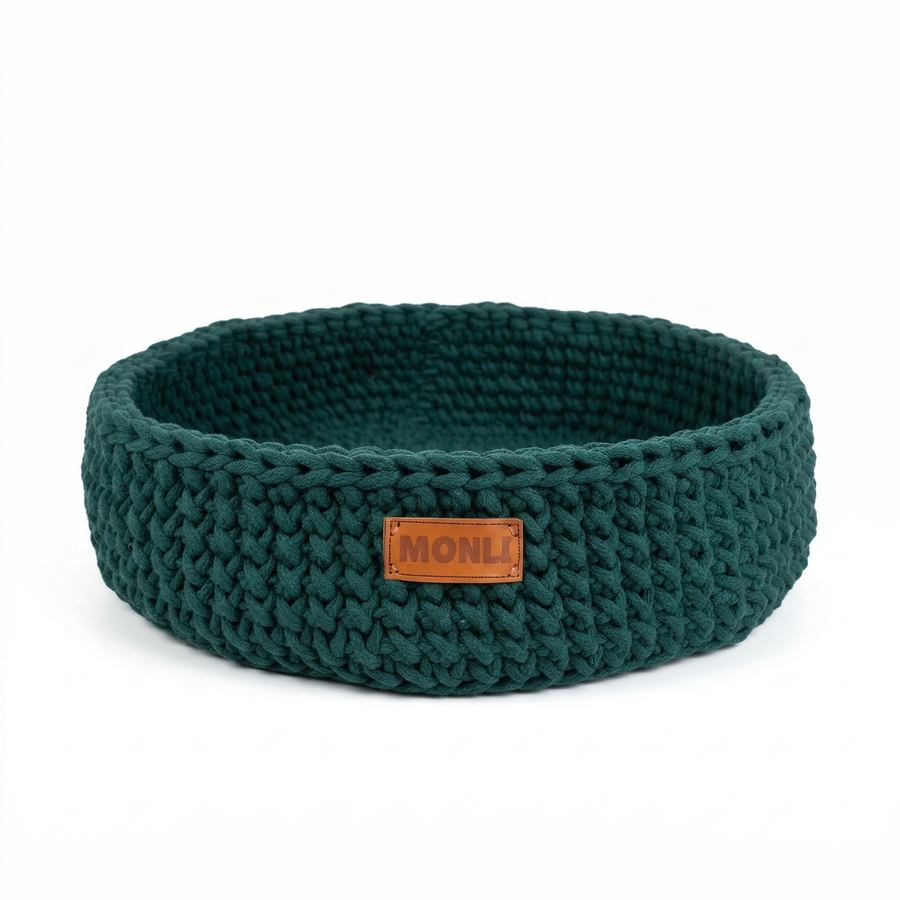Handcrafted forest green cotton rope pet bed for cats and dogs