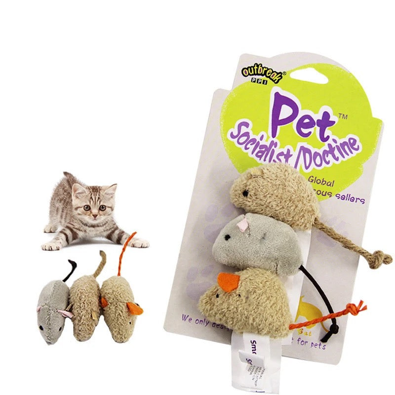 3-pack plush cat mouse toys with feather tails