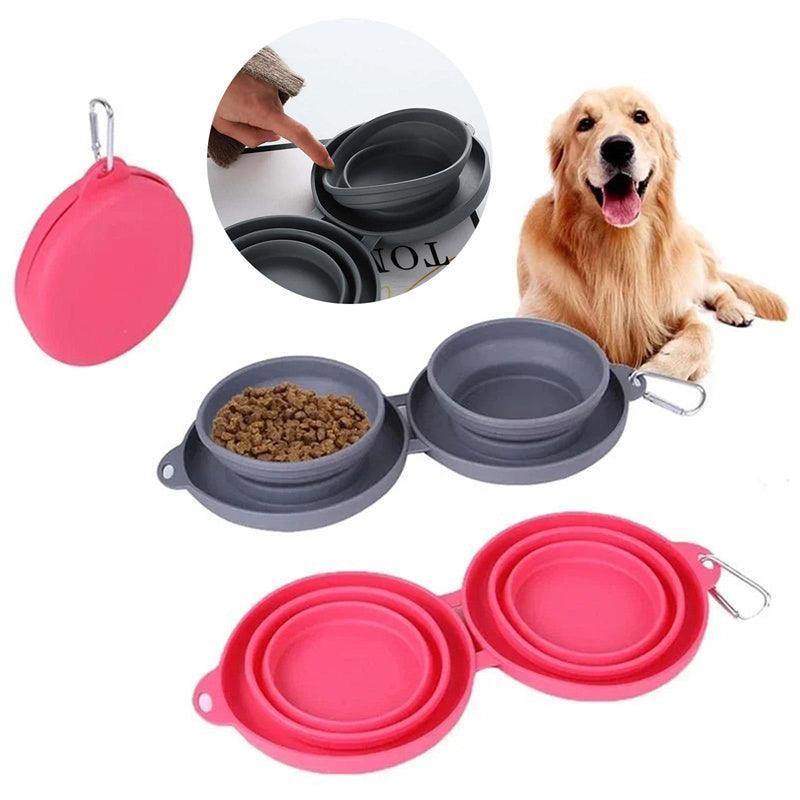 Collapsible double pet feeding bowls for dogs and cats